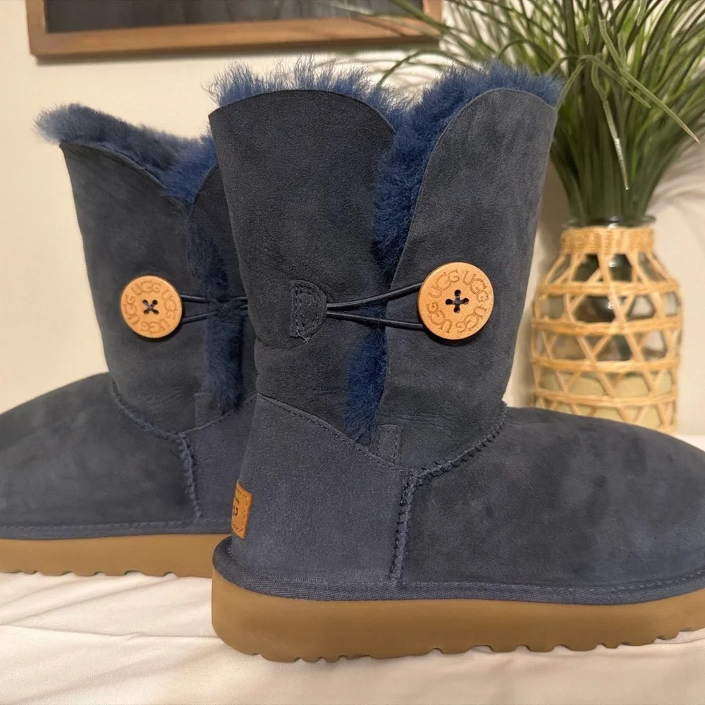 UGG Navy Suede Shearling Short Button Boots
